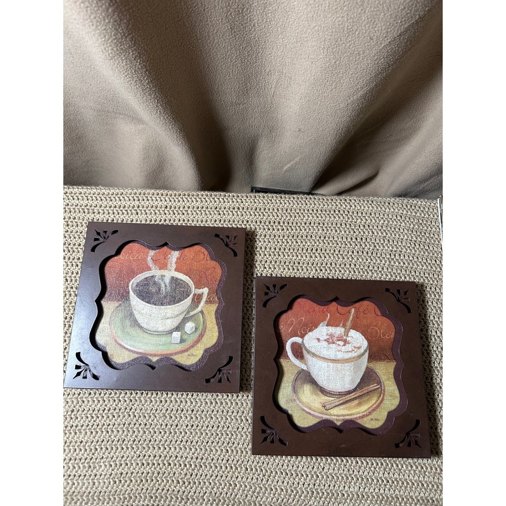 New View Coffee Latte Wall Art Set of 2 Brown Square Kitchen Decor 9.5x9.5